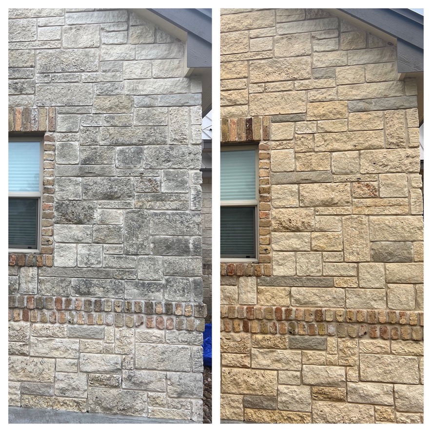 Limestone block wall before and after cleaning