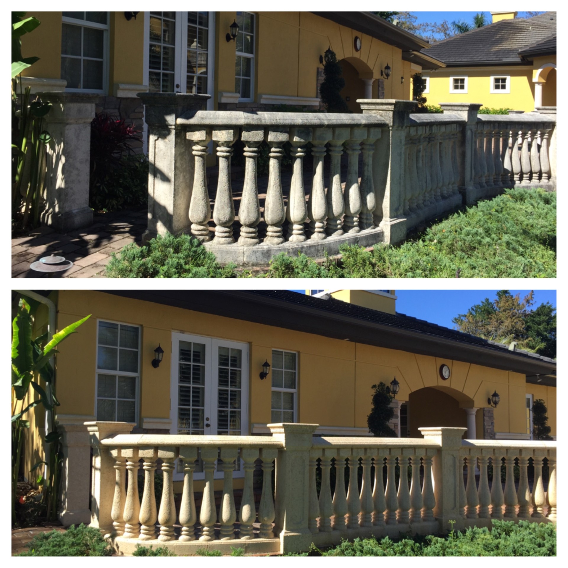 Concrete balustrade wall at yellow stucco home before and after cleaning