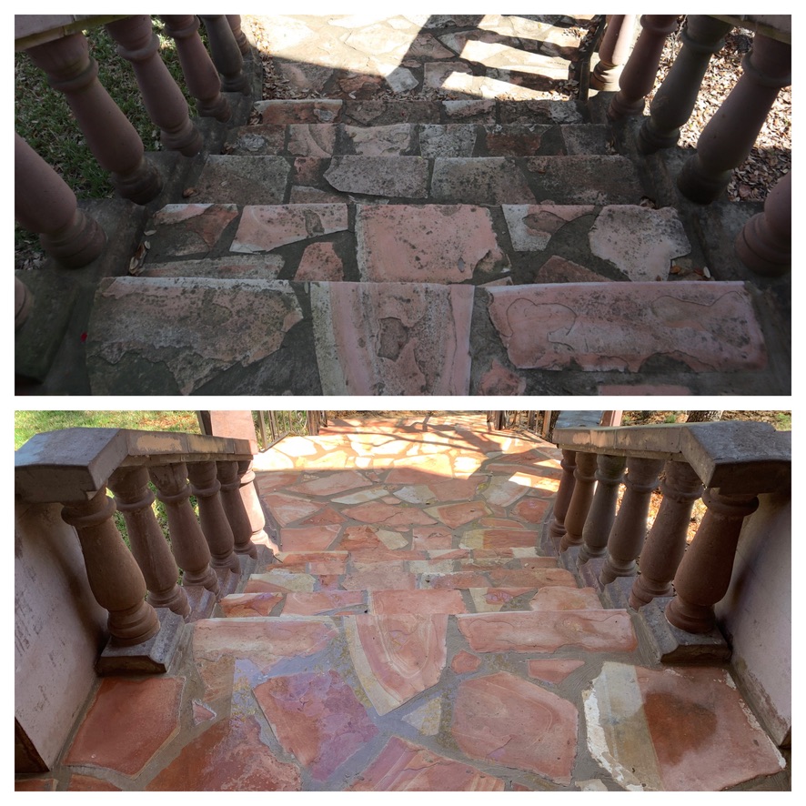Flagstone steps and balustrade before and after cleaning
