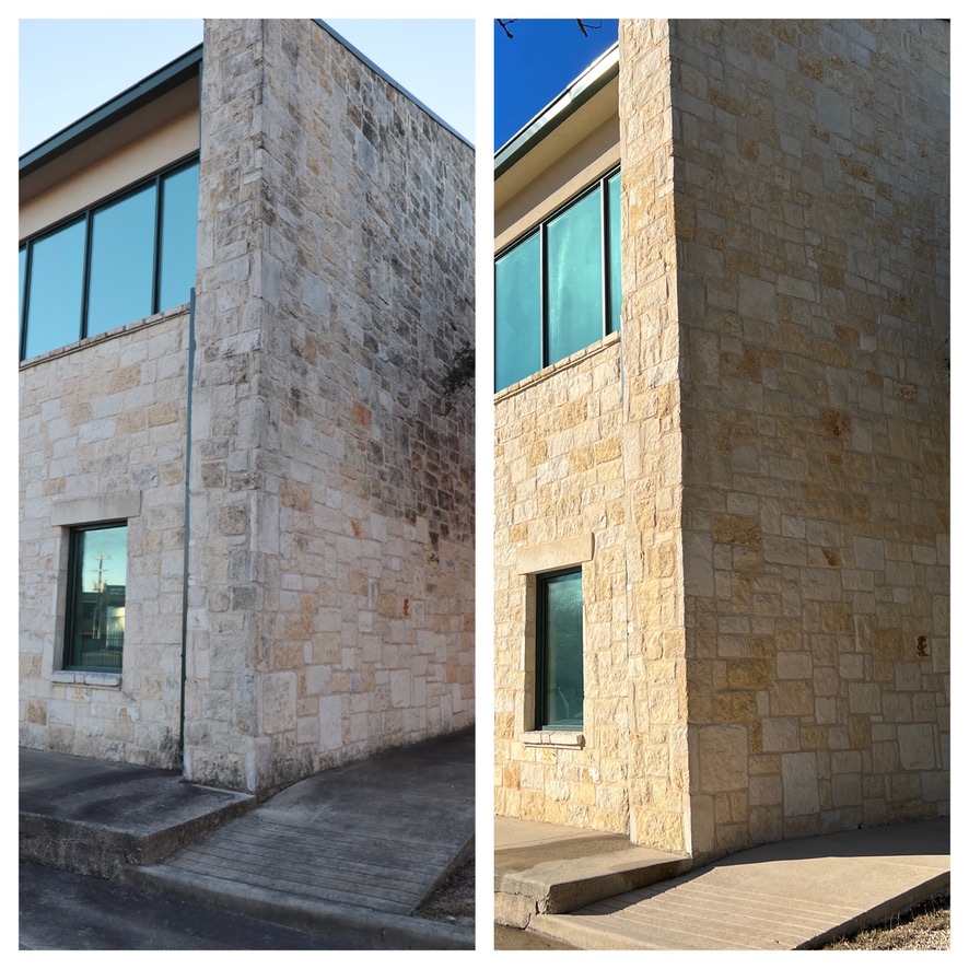 Stone building corner before and after cleaning