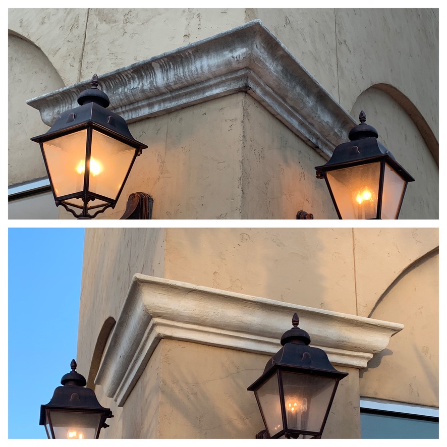Stucco cornice and lanterns before and after cleaning
