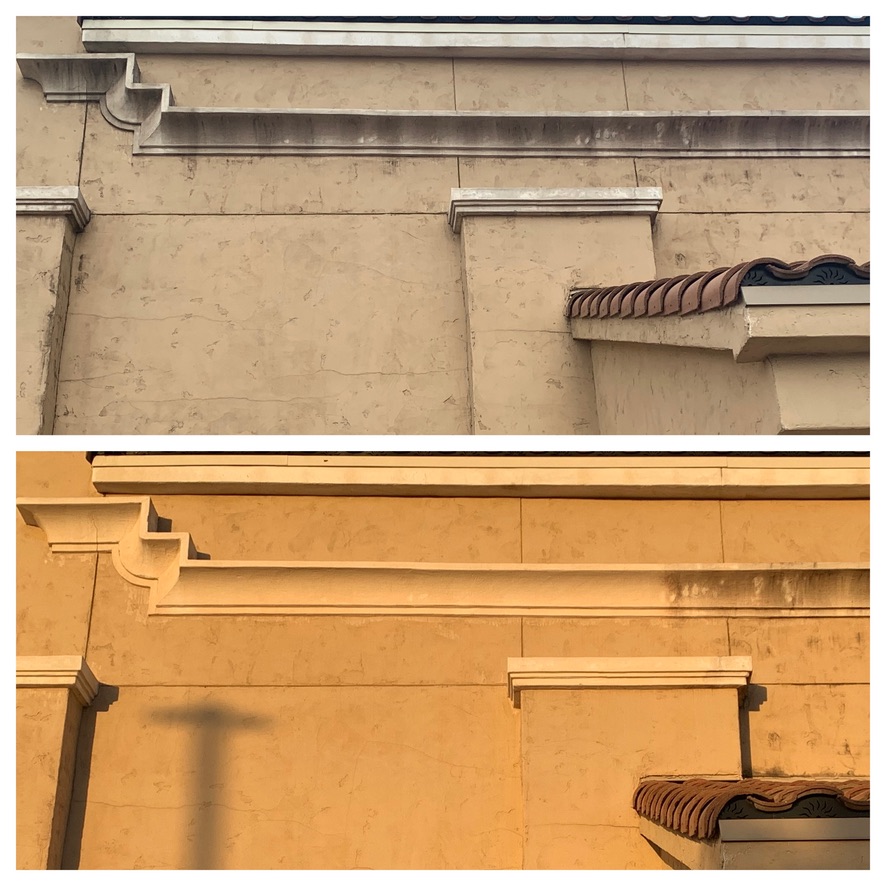 Stucco cornice and parapet before and after cleaning