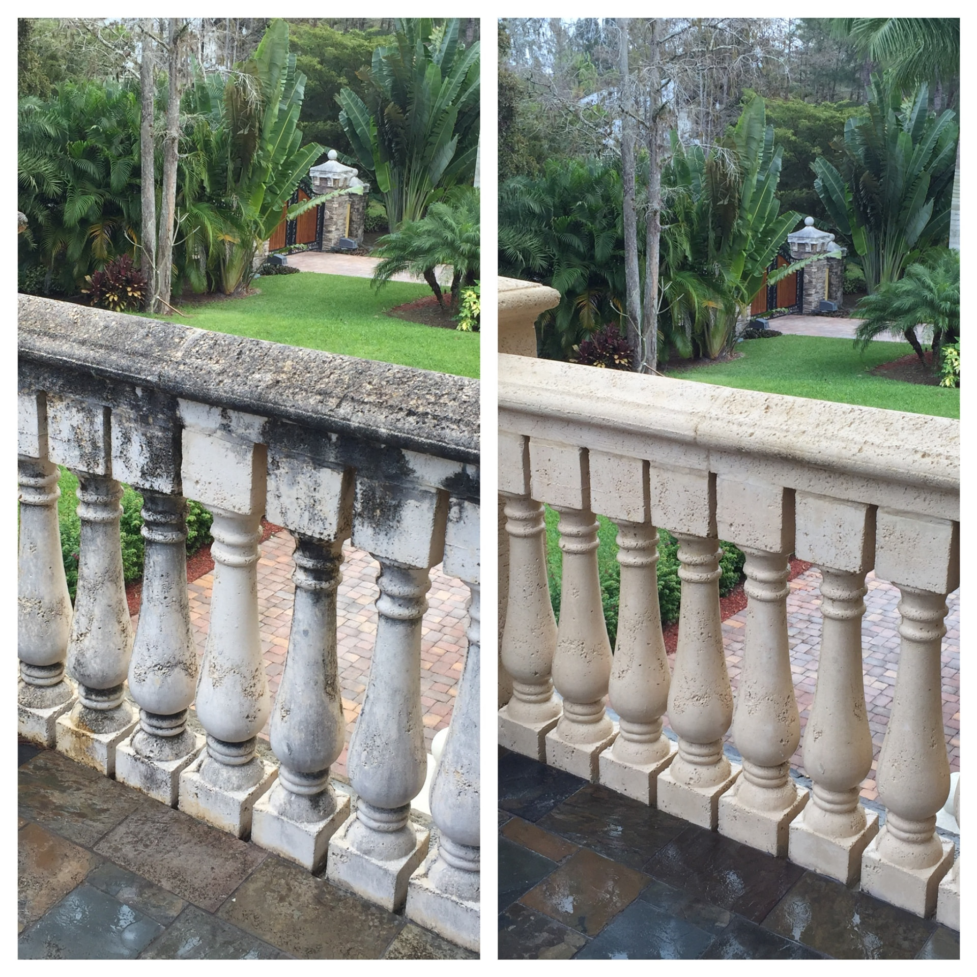 Before and after exterior cleaning on a stone balustrade in Stone Oak