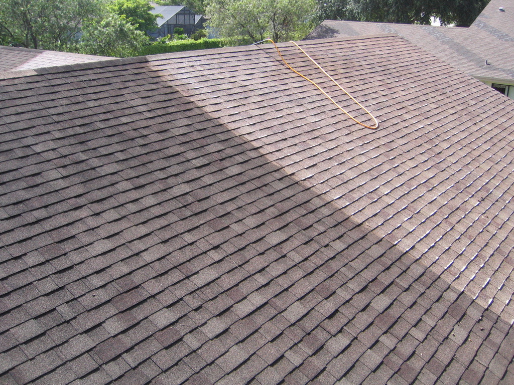 Asphalt shingle roof cleaning before-and-after example