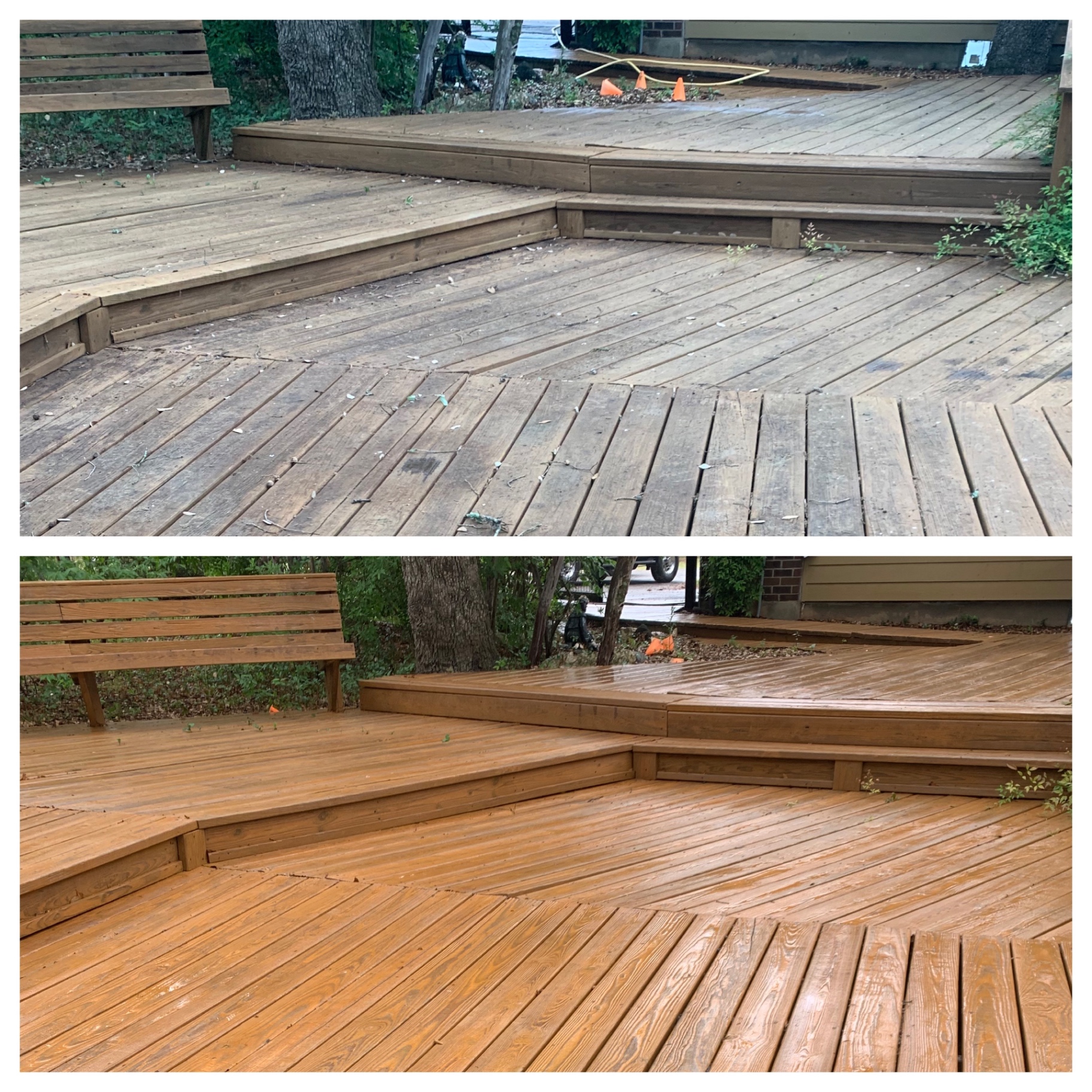 Deck steps and lower section before and after — dark organic staining and debris replaced with a clean, uniform wood color