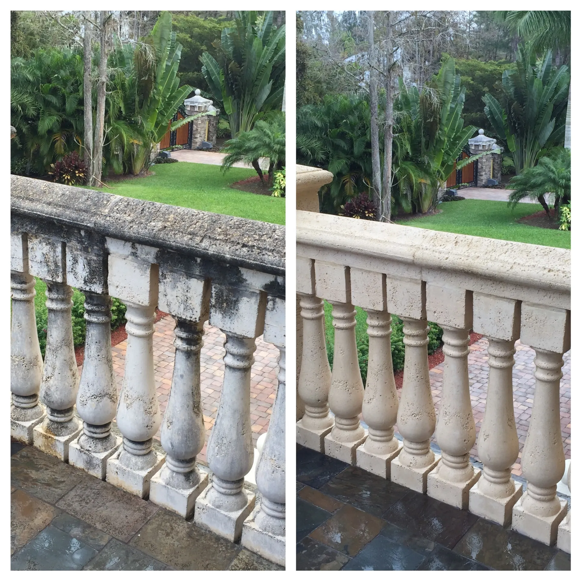 Before and after exterior cleaning on a stone balustrade in Helotes