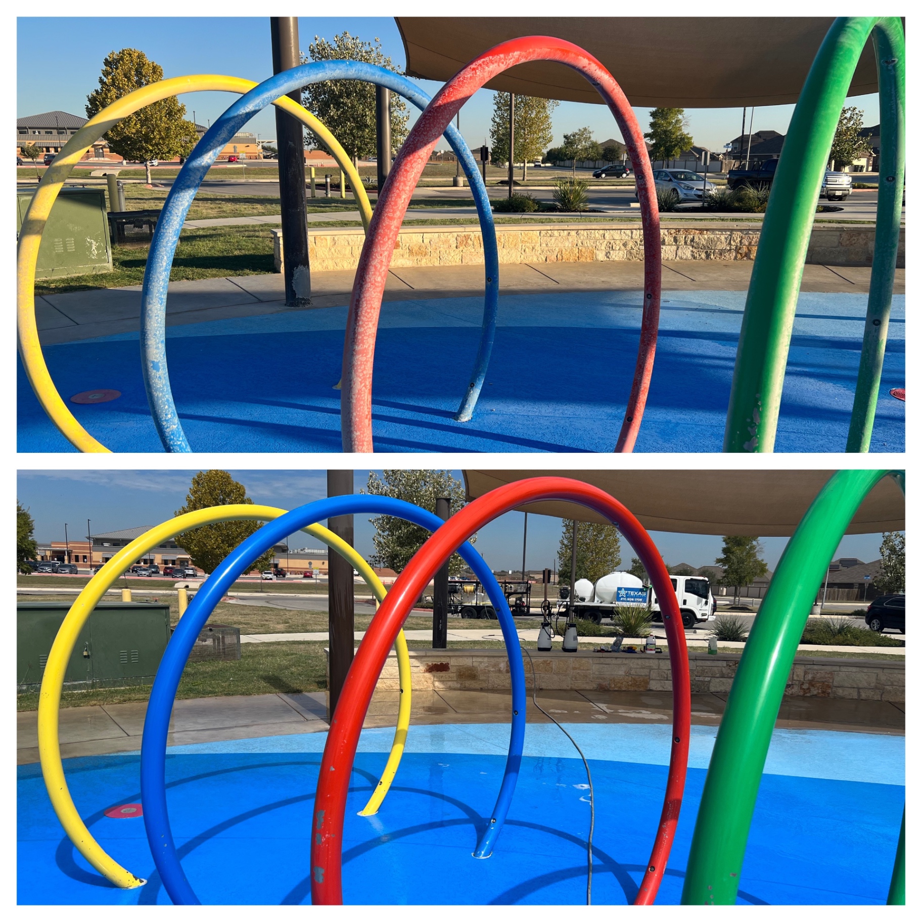 Splash pad play equipment before and after cleaning