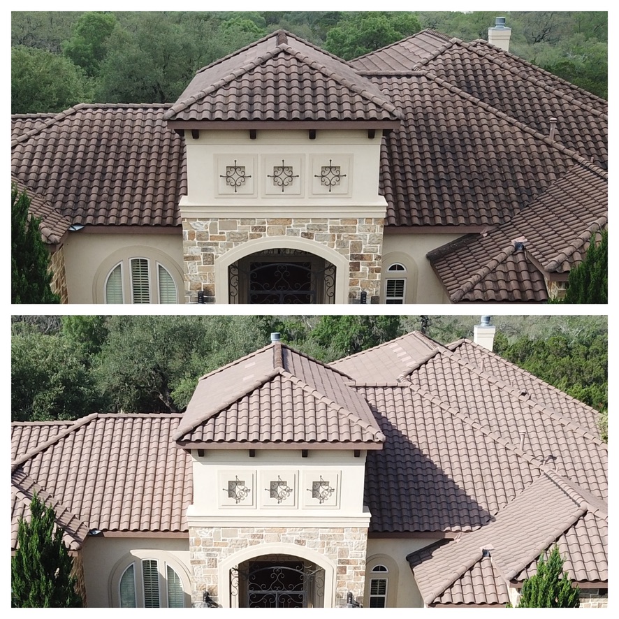 Tile roof front elevation before and after cleaning