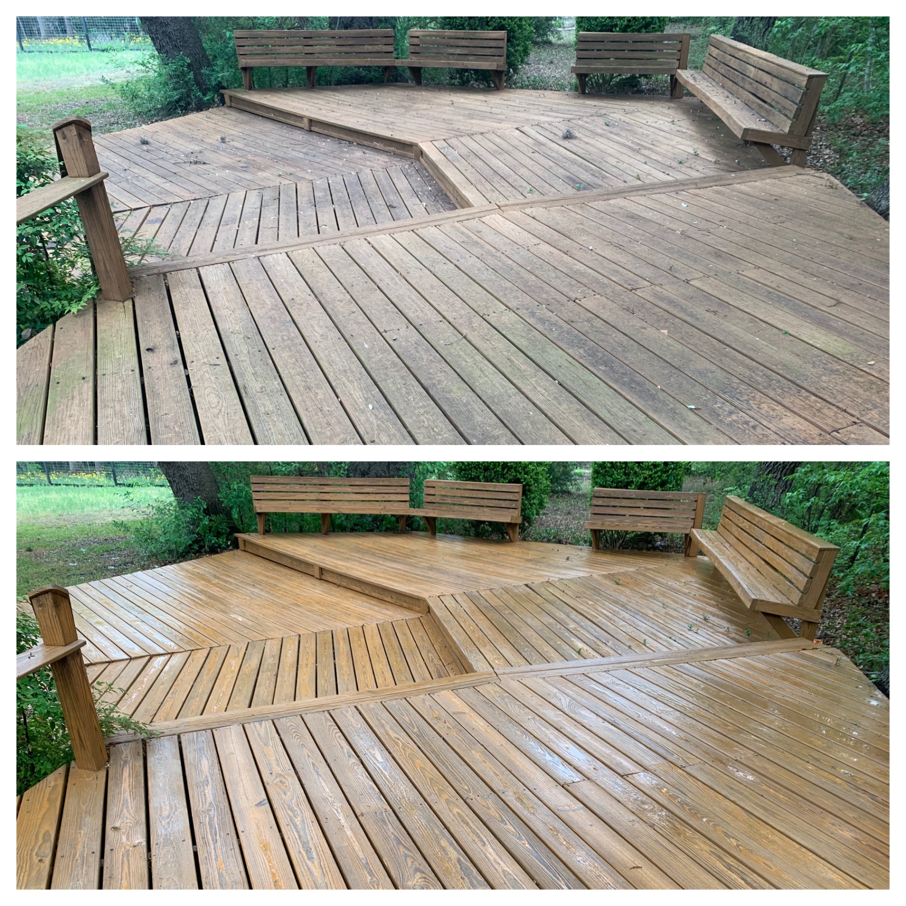 Multi-level wood deck with built-in benches — heavily grayed and organic-stained before Texas Pure Clean, warm and evenly cleaned afterward