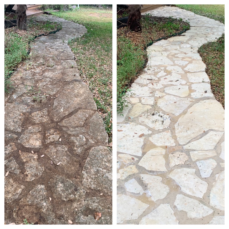 White flagstone walkway before and after cleaning