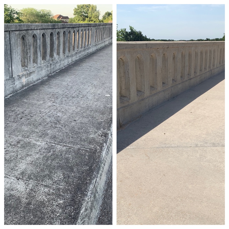Concrete bridge deck and railing before and after cleaning