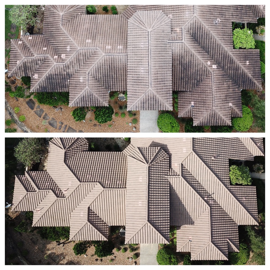 Aerial view of tile roof before and after cleaning