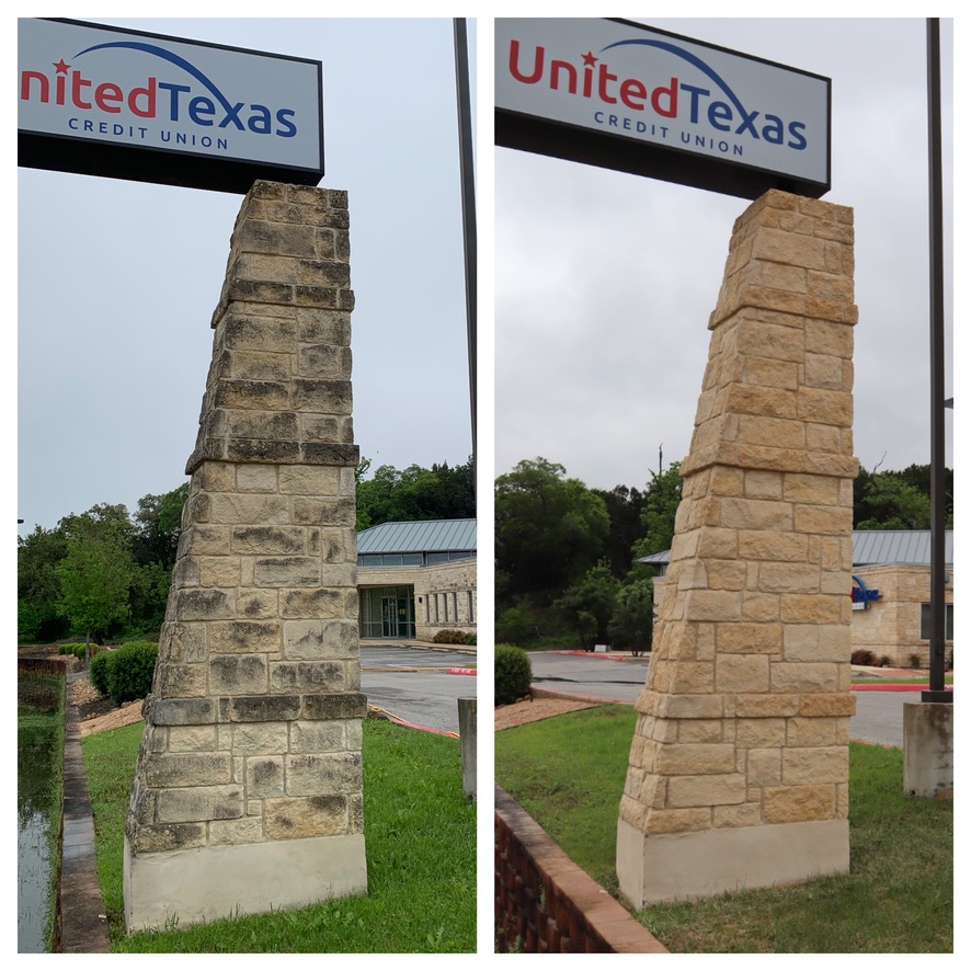 United Texas Credit Union stone monument sign before and after cleaning