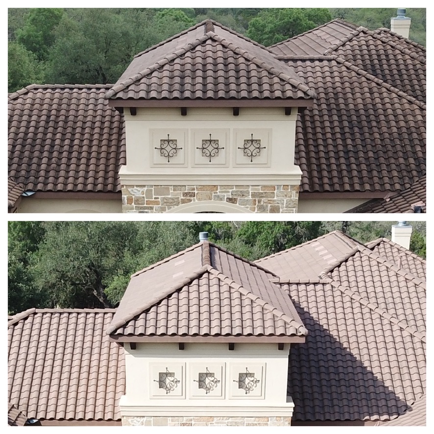 Tile roof dormer before and after cleaning