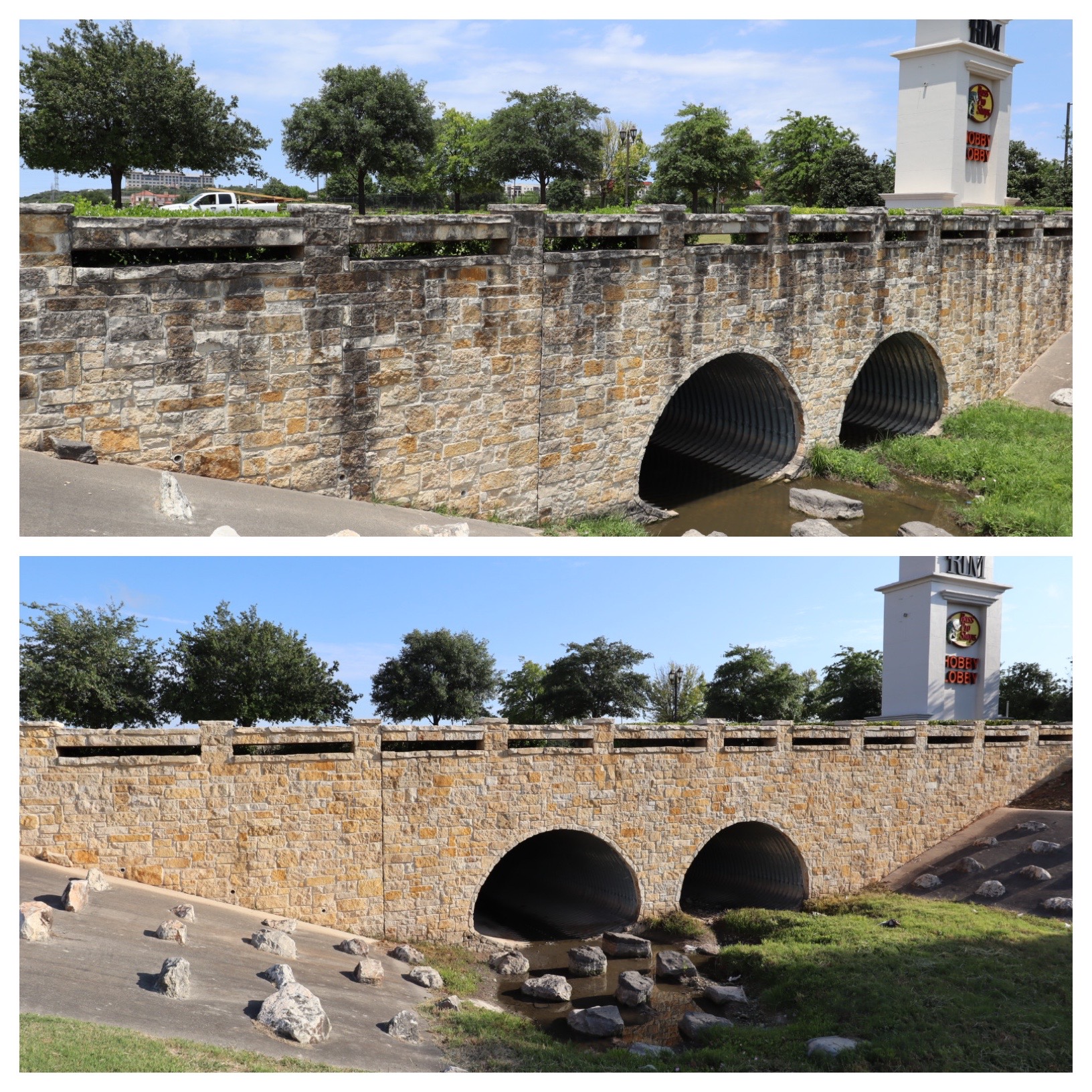 Stone bridge before and after cleaning at The Rim