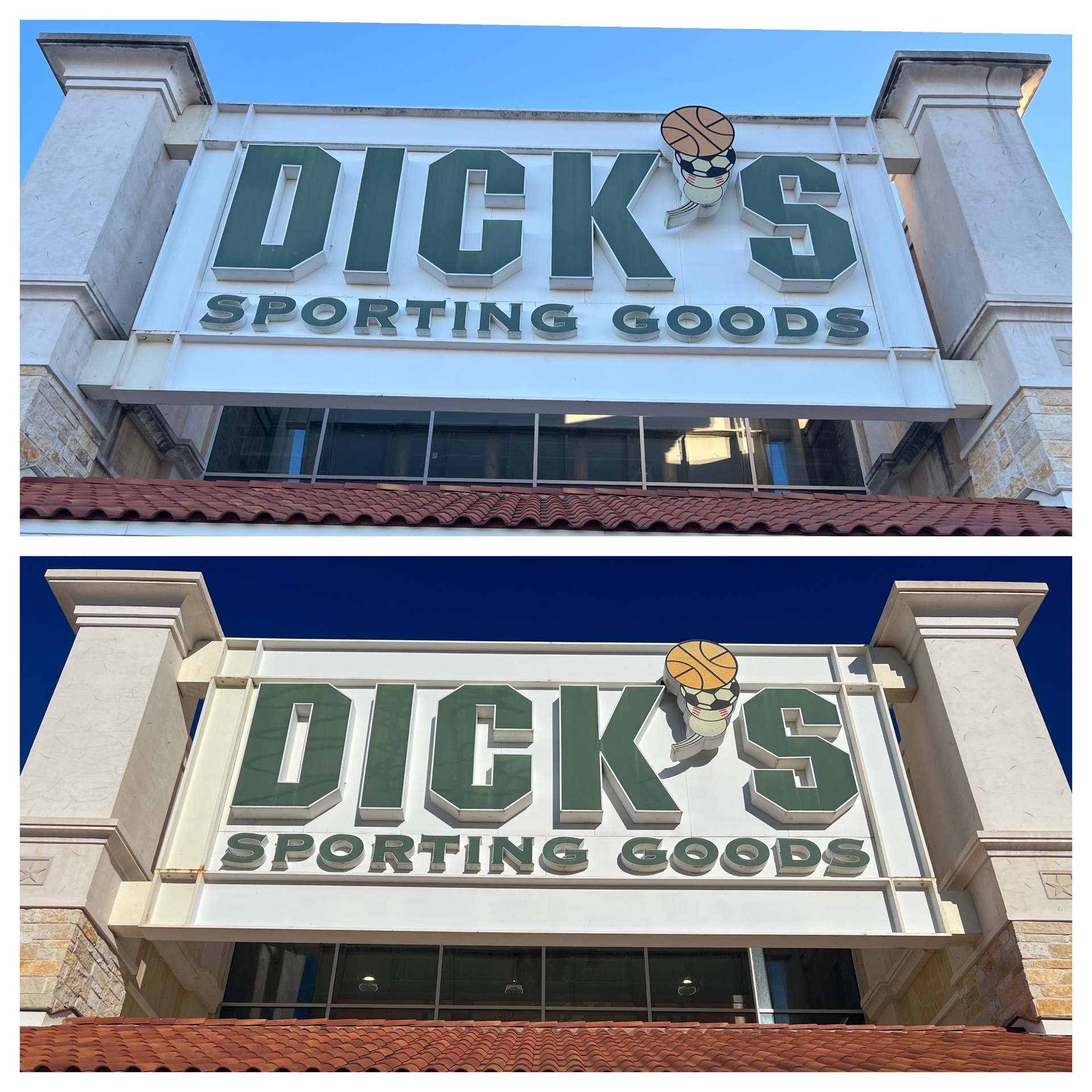 Dick's Sporting Goods storefront sign before and after cleaning