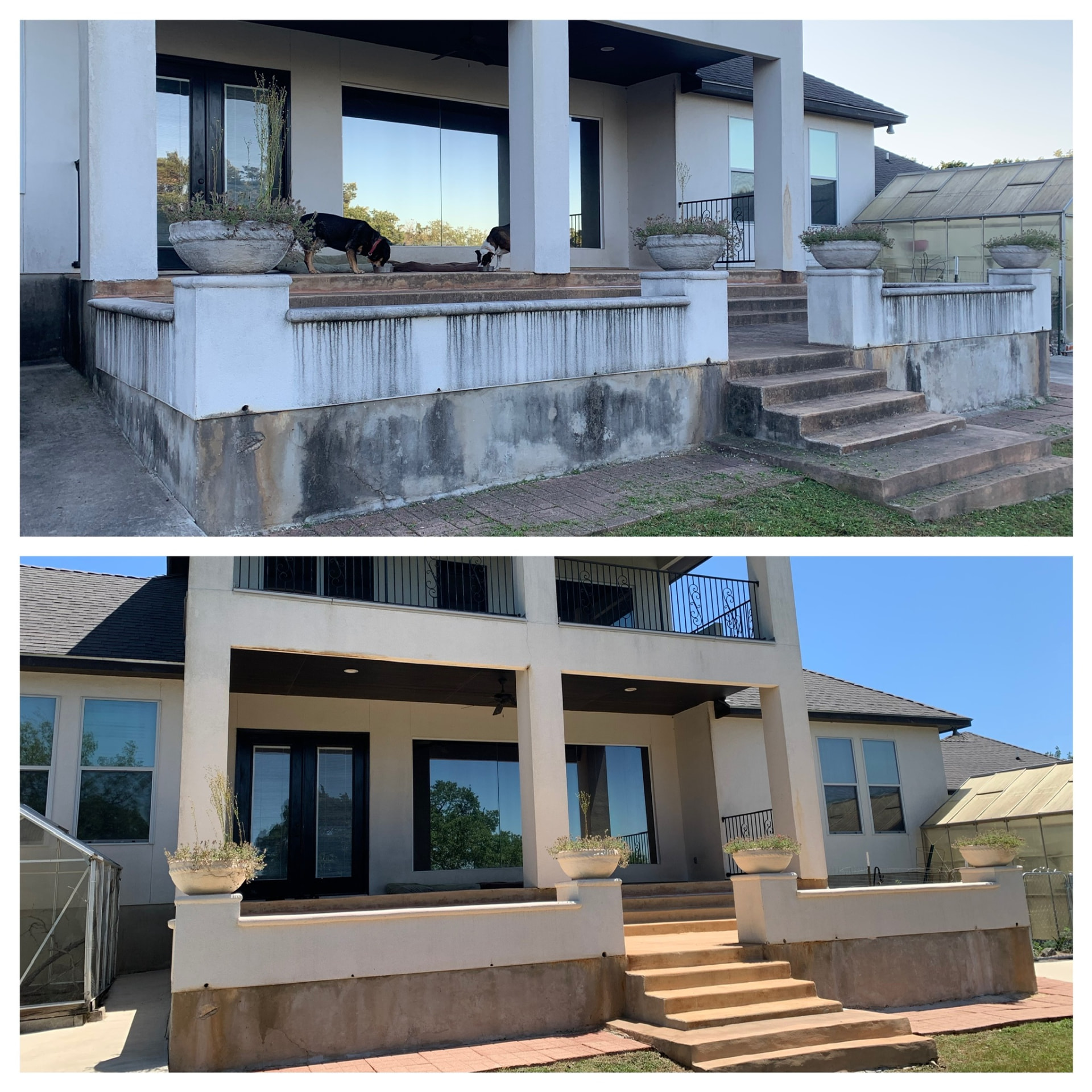 Before and after exterior cleaning on a Stone Oak home