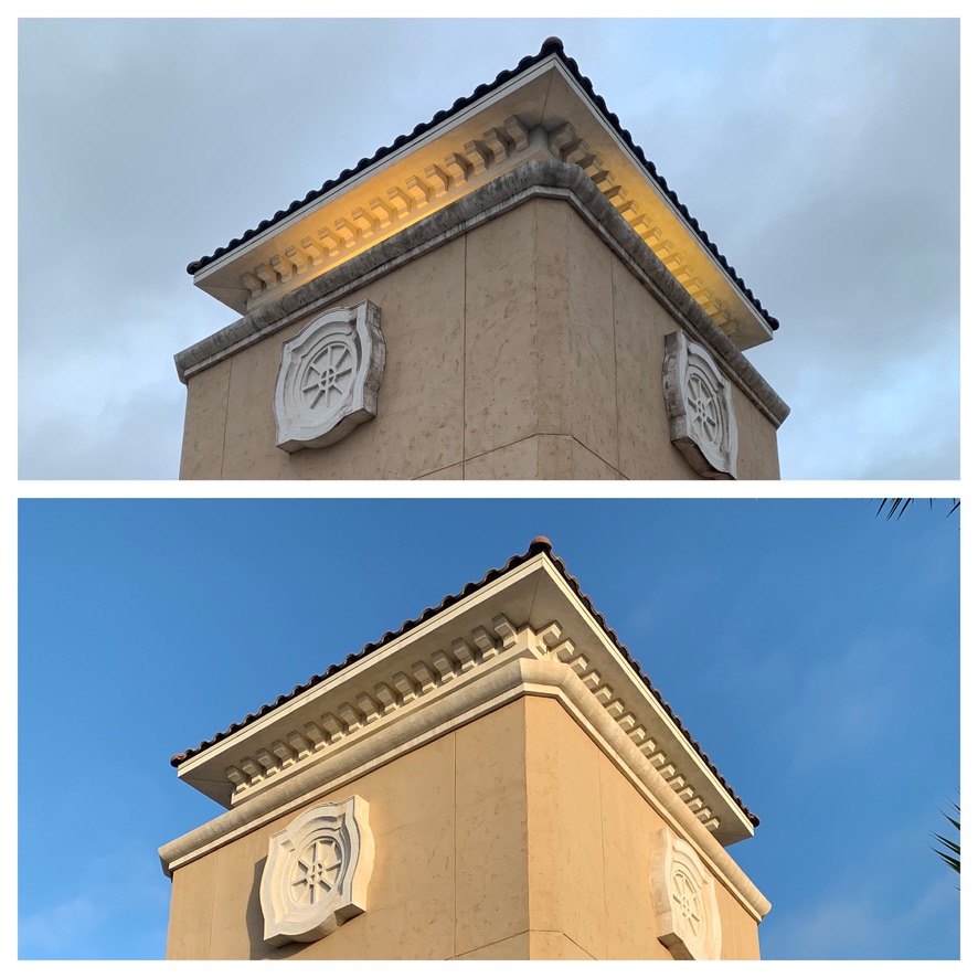 Stucco tower with tile roof before and after cleaning