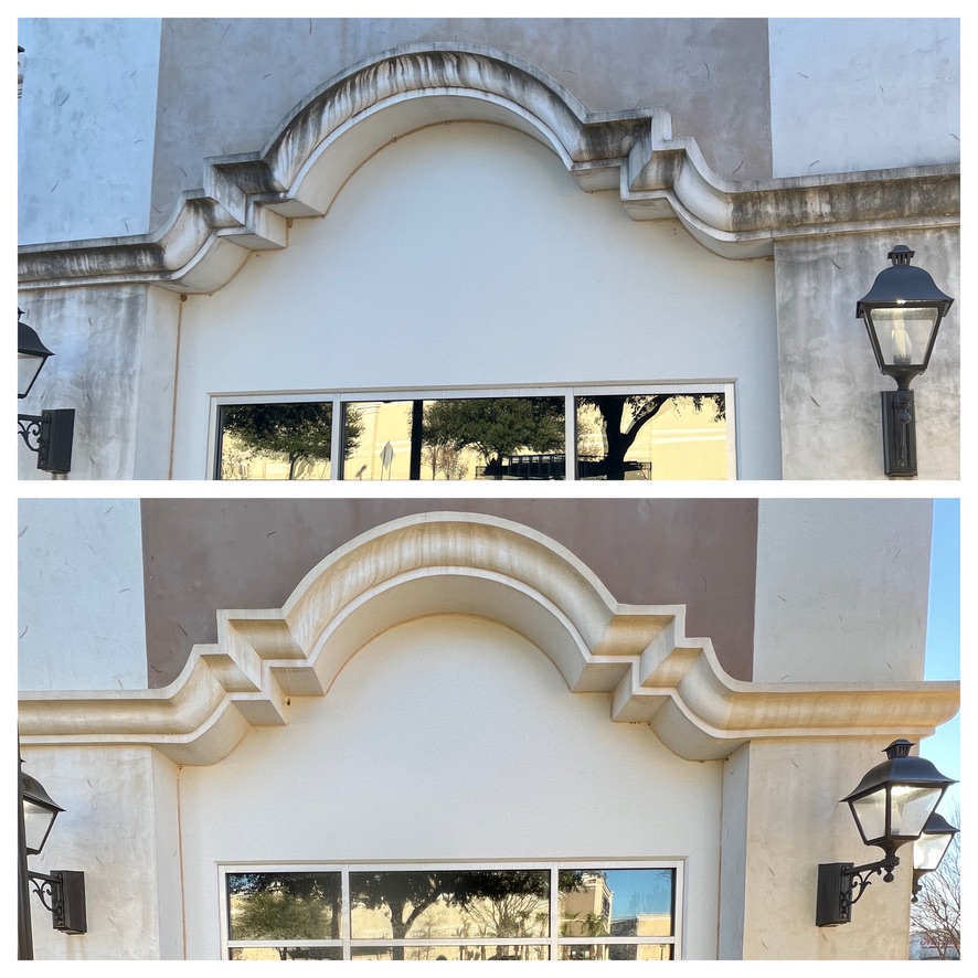 Stucco arched entry before and after cleaning