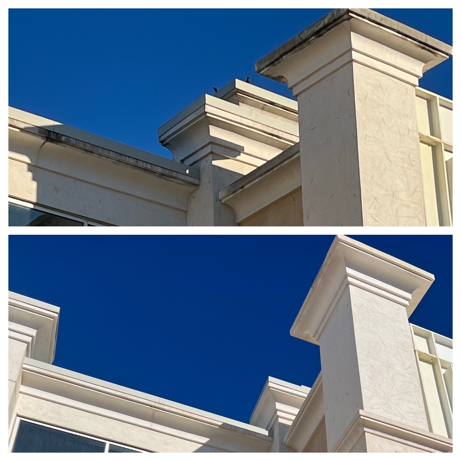Stucco parapet and column before and after cleaning