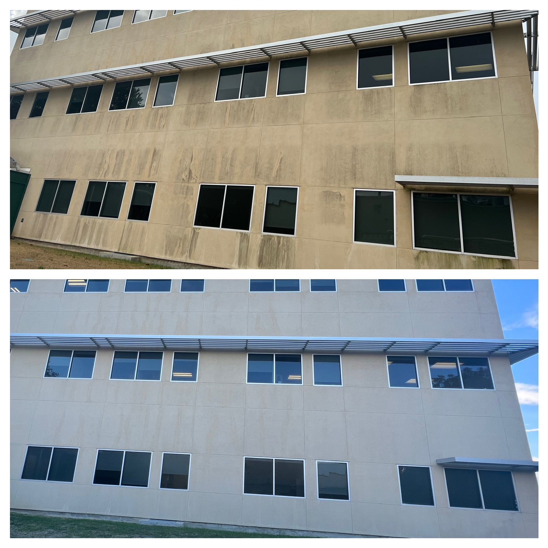 Three-story precast office building facade before and after cleaning