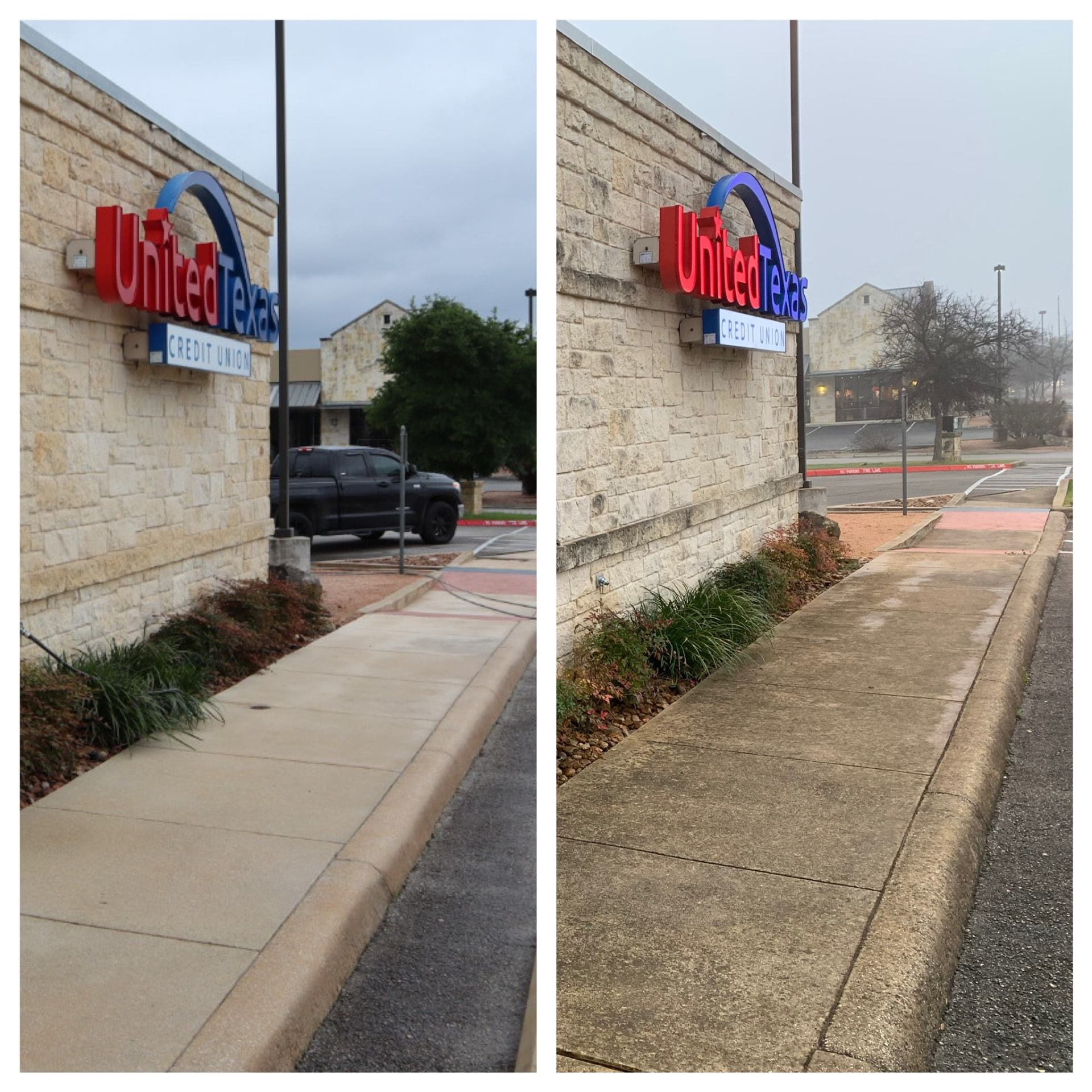 Before and after commercial sidewalk cleaning at a Boerne United Texas Credit Union location
