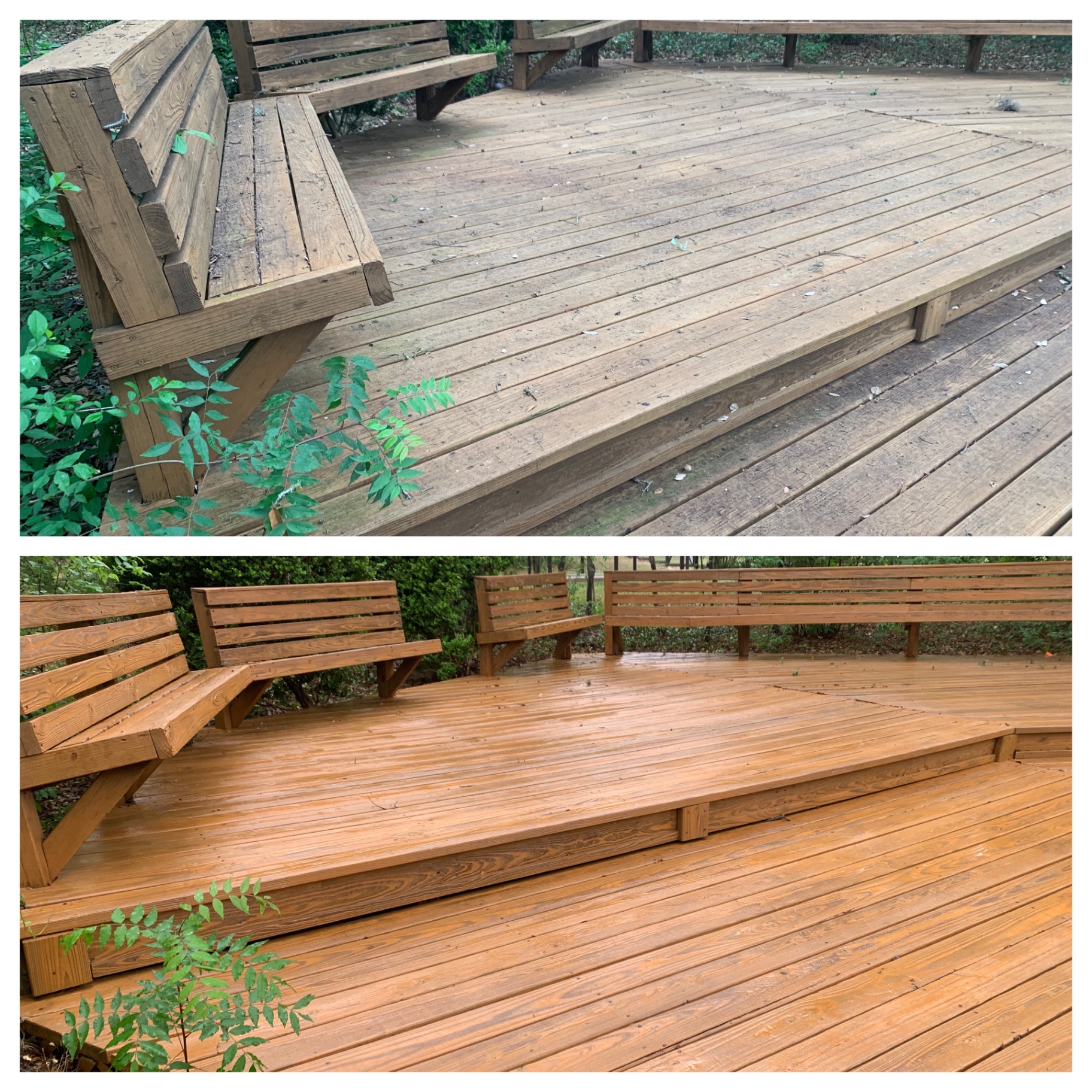 Corner of the deck with a bench post and stairs before and after — the wood grain came back rich and clean without any pressure damage