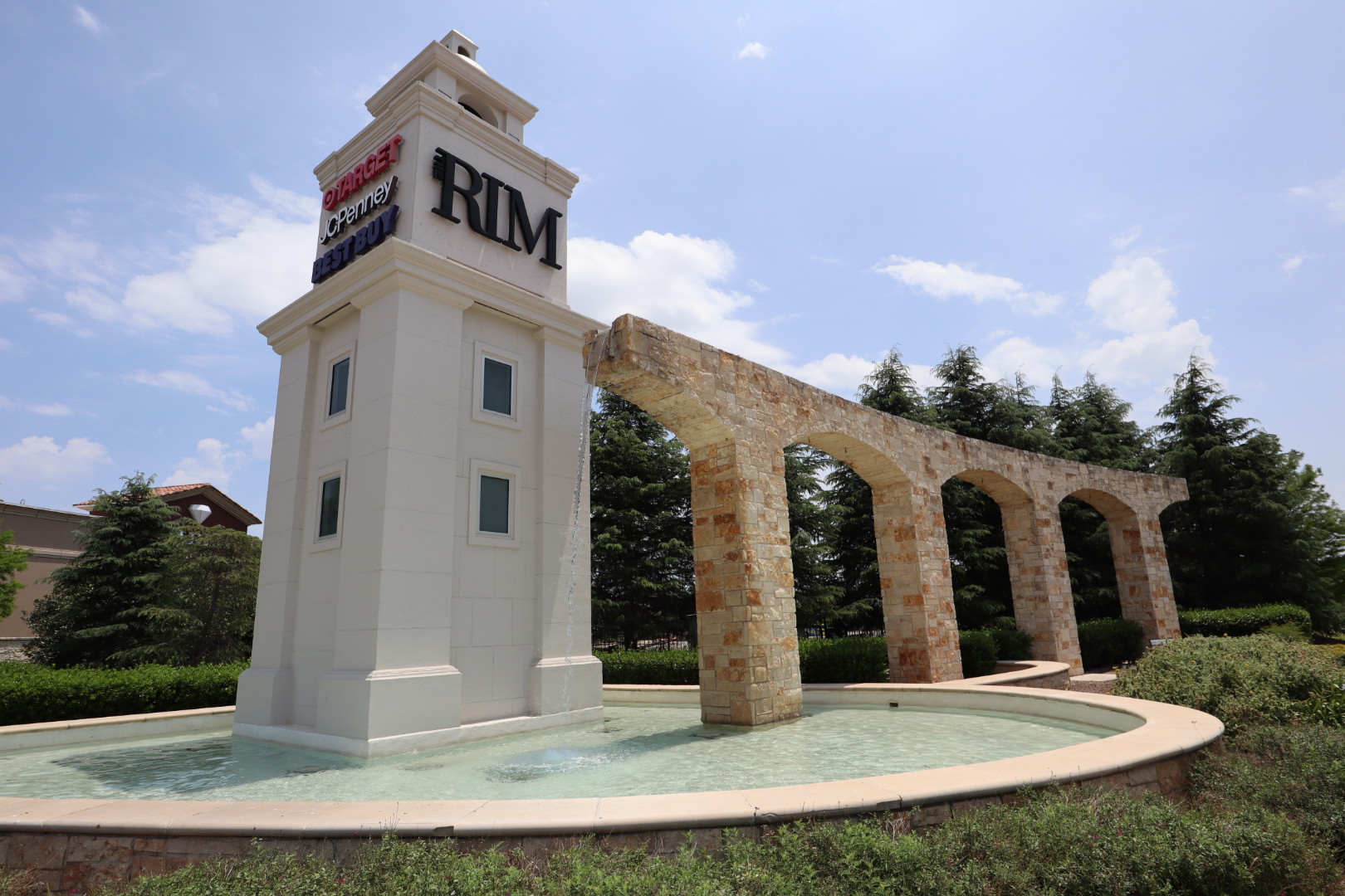 The Rim Shopping Center limestone fountain and tower after cleaning