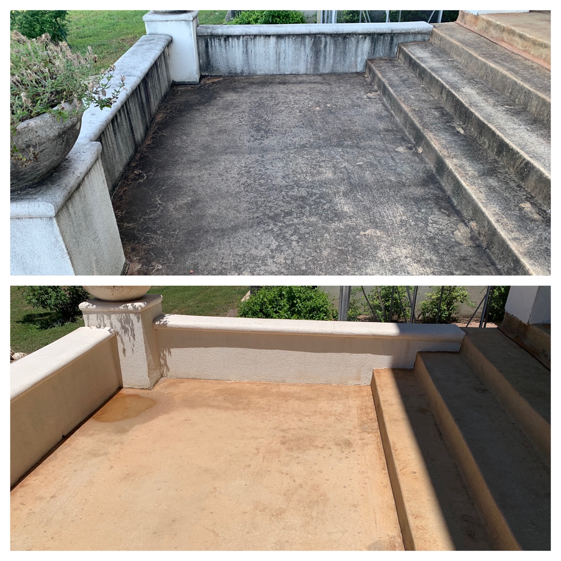 Concrete patio before and after cleaning