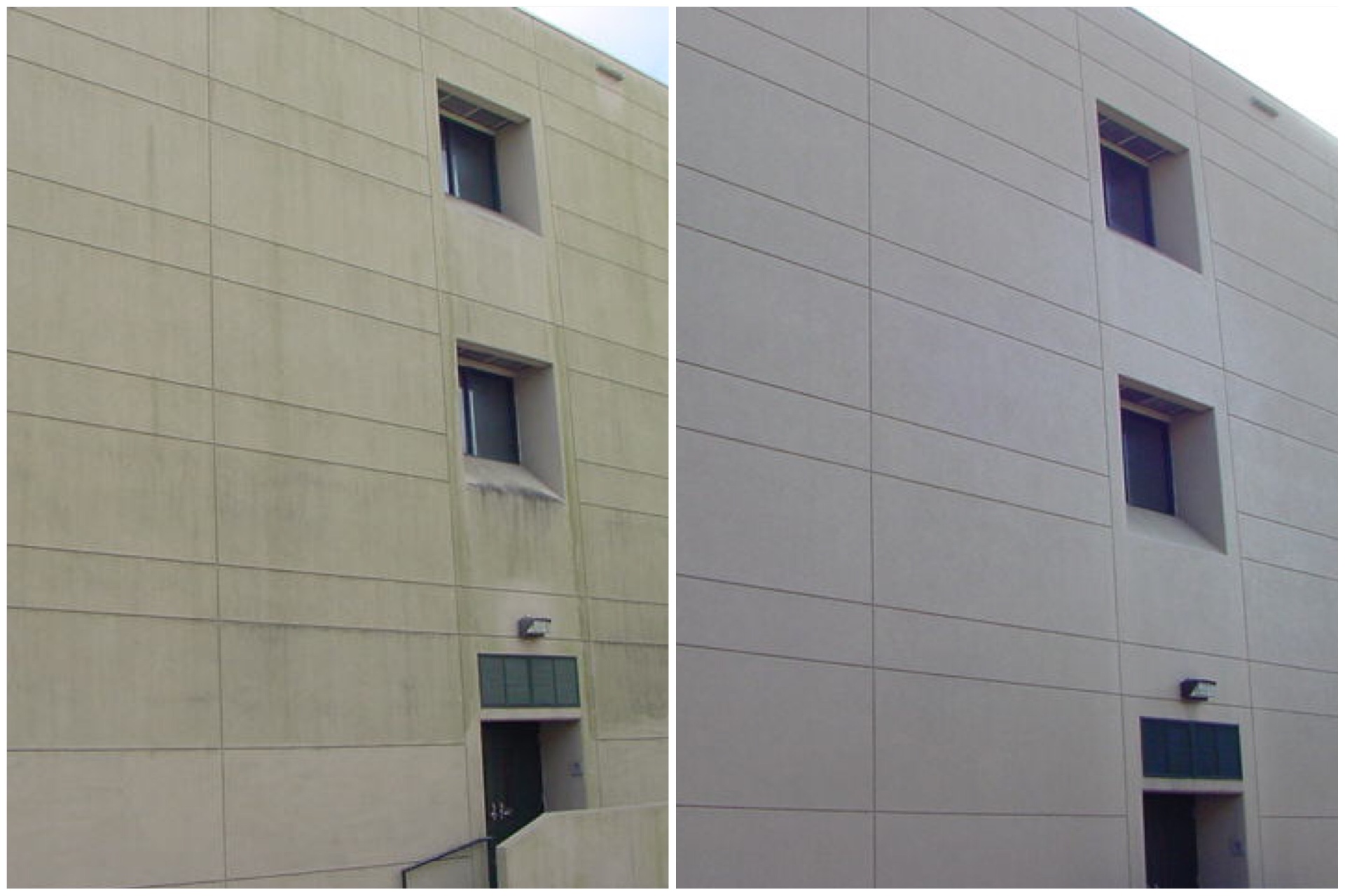 Precast concrete panel building facade before and after cleaning