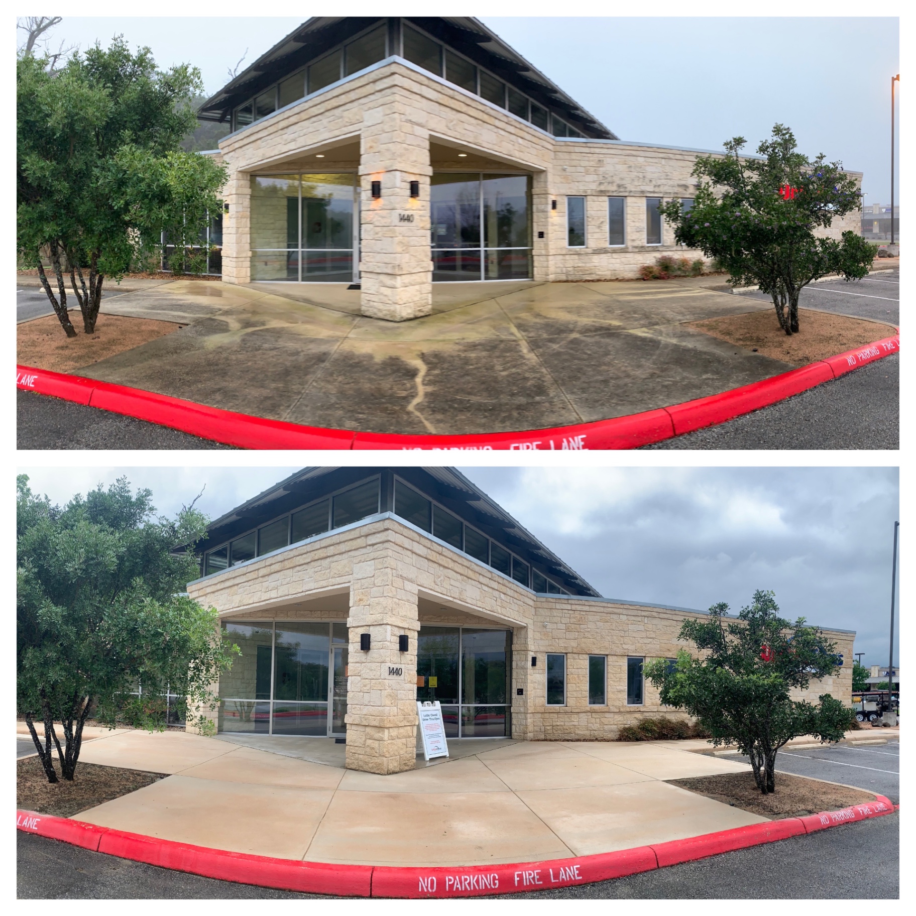 Credit union storefront before and after soft wash