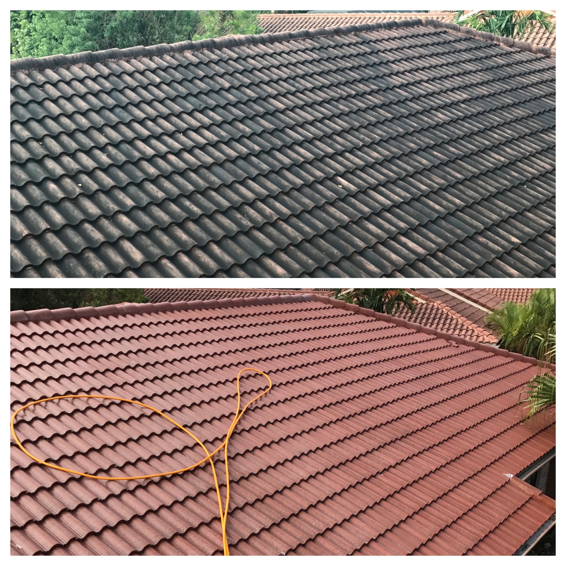 Barrel tile roof before and after soft wash restoration