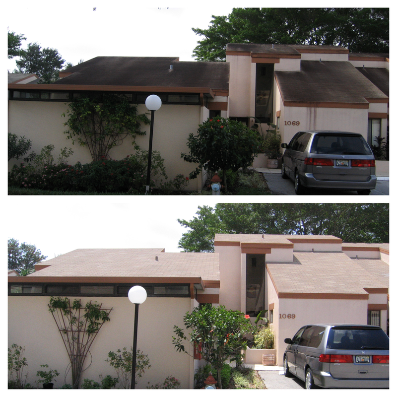 Townhome asphalt shingle roof before and after cleaning