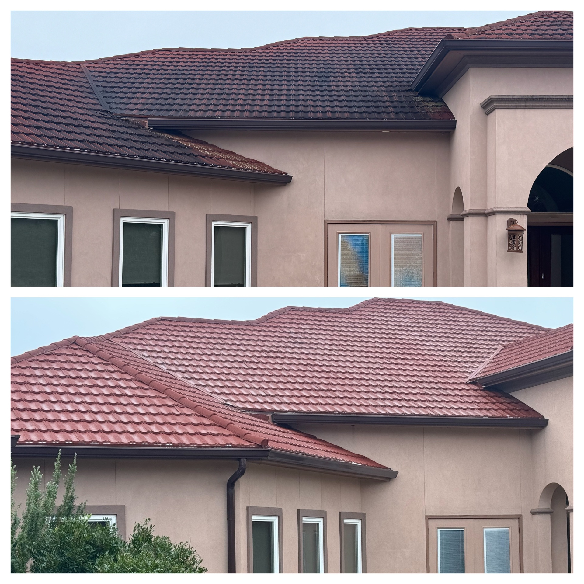Stucco home tile roof before and after cleaning