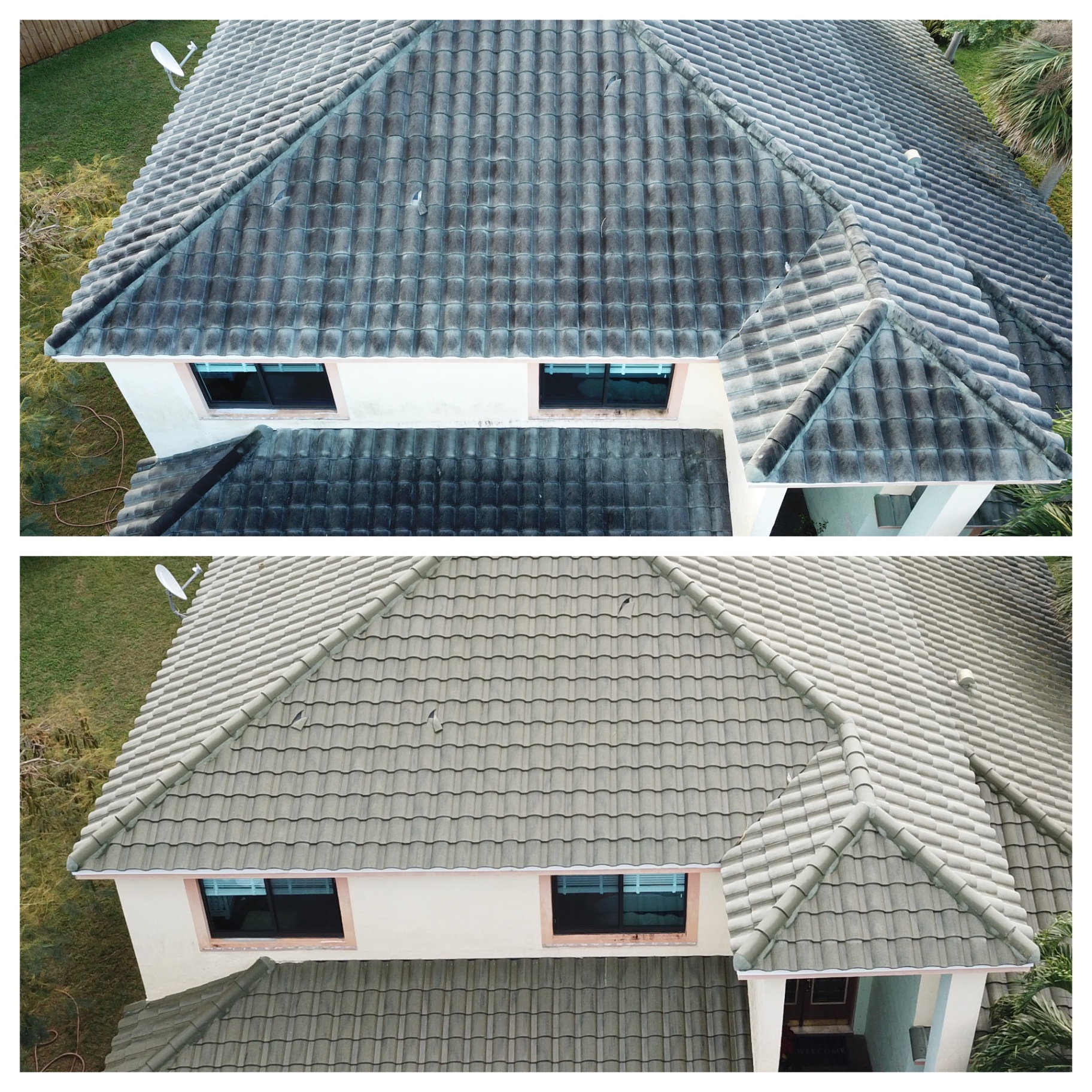 Aerial view of tile roof before and after full restoration