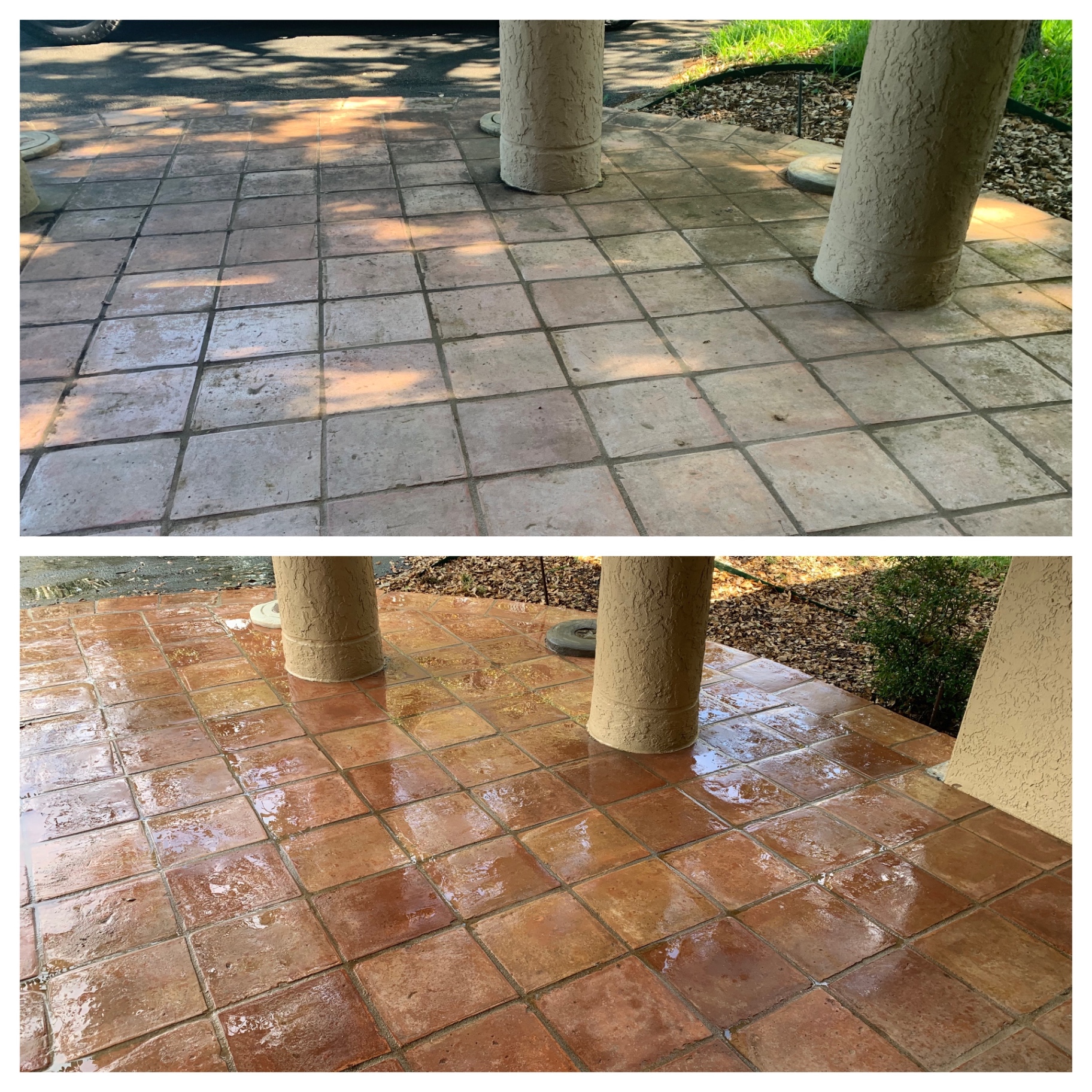 Saltillo tile porch before and after cleaning