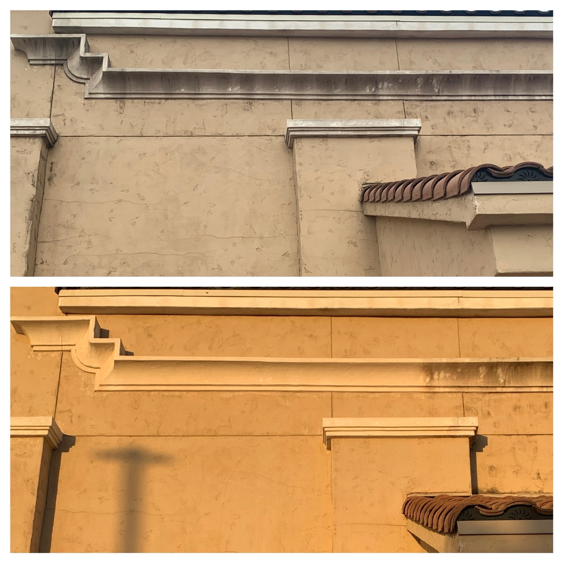 Close-up of the cornice and dentil trim showing heavy dark mold streaking before cleaning, and the same trim clean and uniform after the soft wash