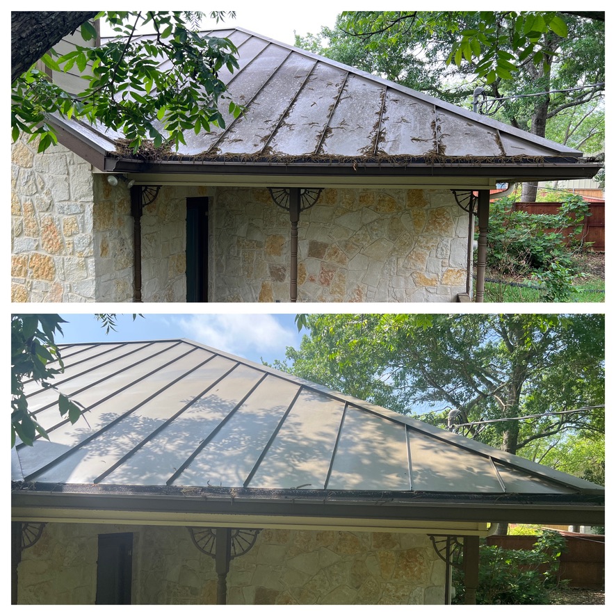 Standing seam metal roof before and after cleaning