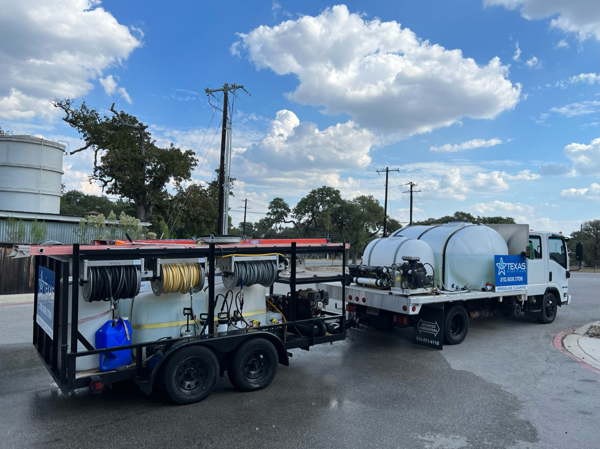 Texas Pure Clean pressure washing truck and trailer rig at an Alamo Heights commercial property