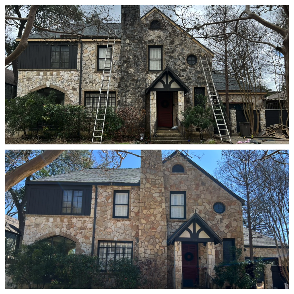 Stone Tudor-style home before and after house wash