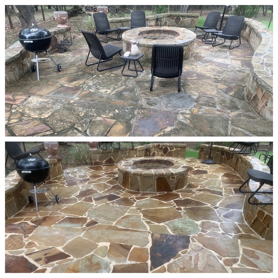 Flagstone fire pit patio before and after cleaning