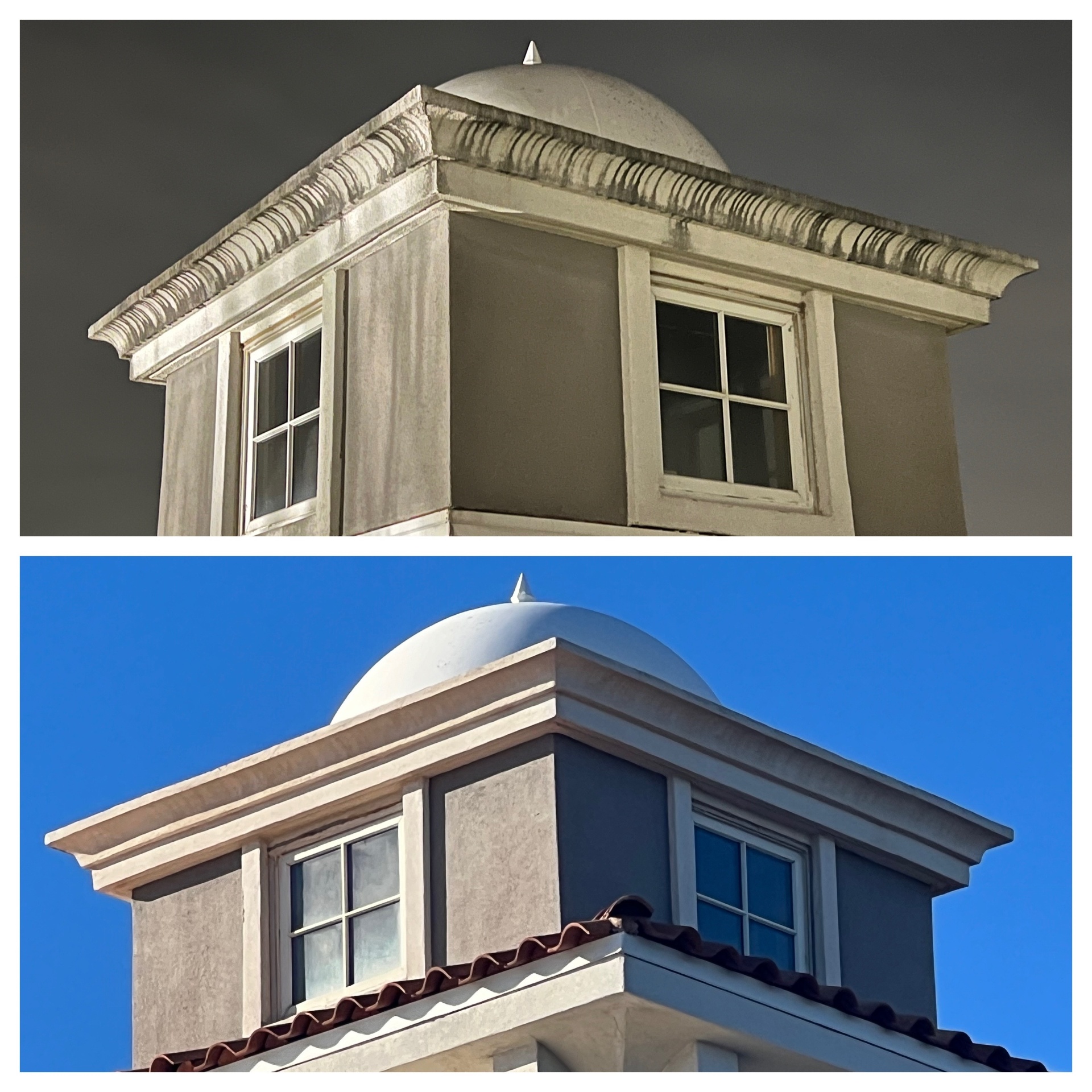 Stucco cupola with dome before and after cleaning