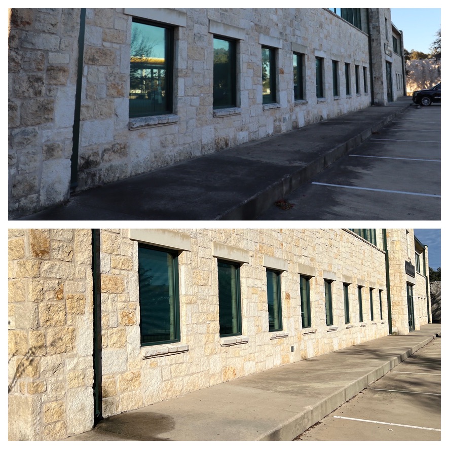 Stone office building windows before and after cleaning