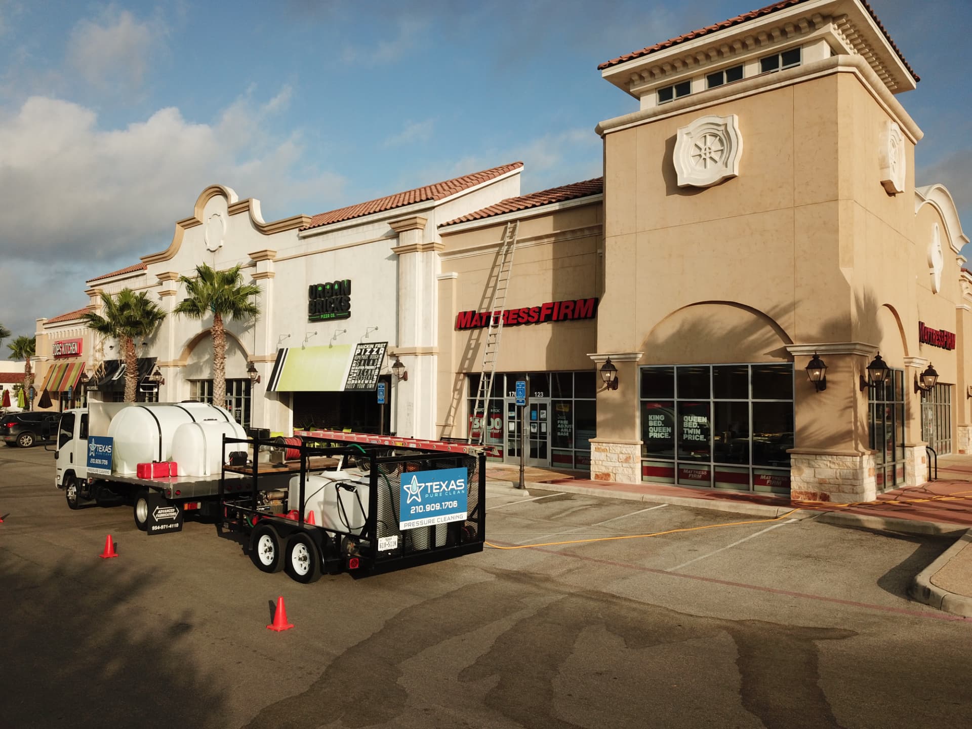 Texas Pure Clean rig at a San Antonio shopping center for commercial pressure washing