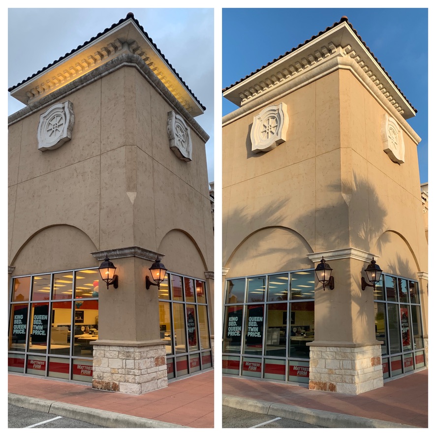 Stucco retail storefront corner before and after cleaning