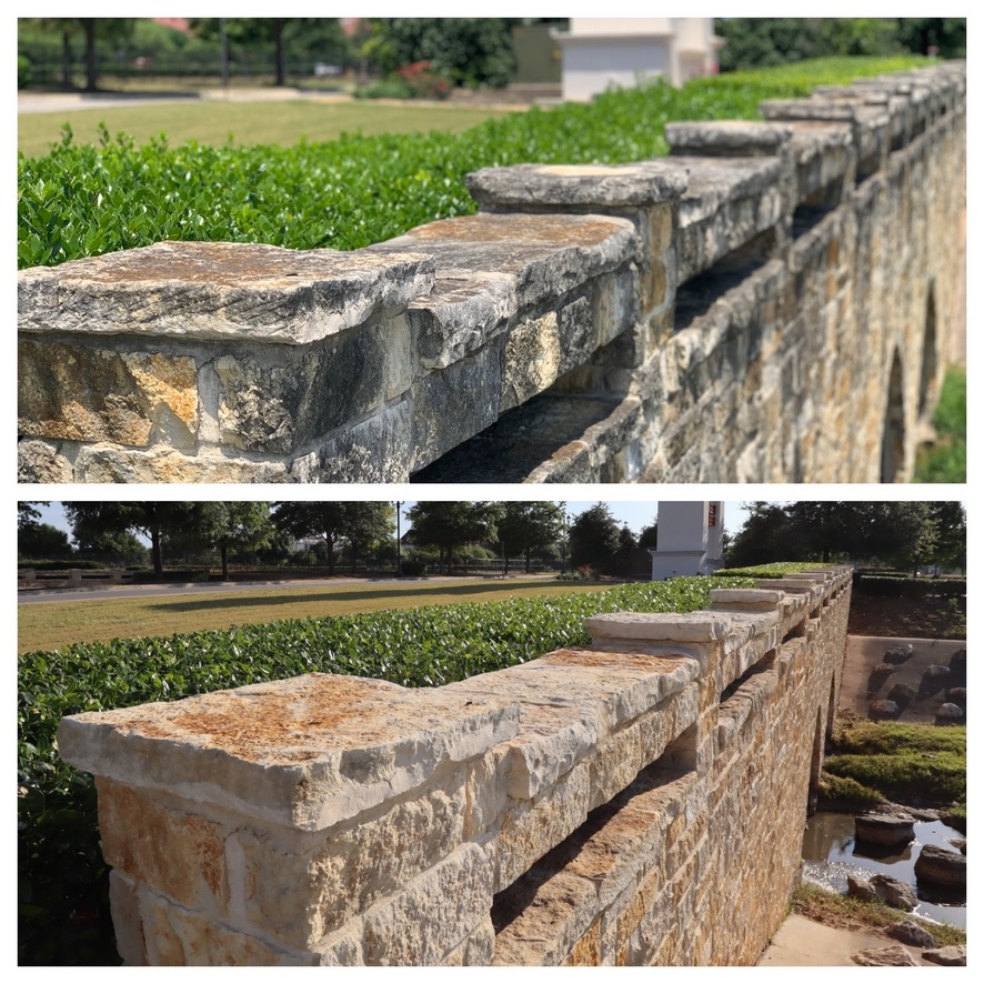 Stone perimeter wall with cap before and after cleaning