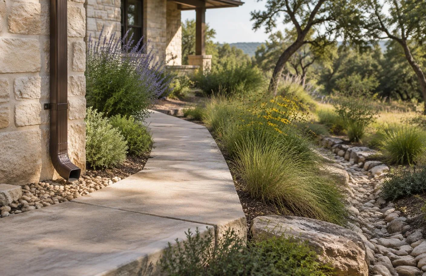 Downspout beside a gently sloped walkway, native planting bed, and stone-lined drainage path at a Texas Hill Country property