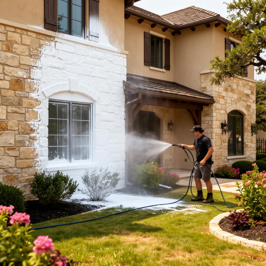 Soft washing a luxury home in Alamo Heights